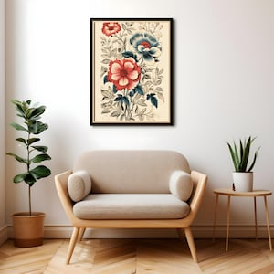 Botanical Splendor Print - Vintage Rot & Blau Blumen Kunst, Wand Poster, Wand Kunst, Geschenk Idee, Geschenk für Sie, Wohnkultur, Vintage Kunst, Retro