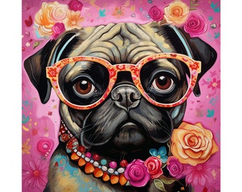 Poster artistico floreale con carlino, ritratto di animale domestico stravagante