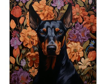 Puede incluir: Un perro Doberman negro y marrón con una expresión seria está rodeado de un patrón floral colorido. Las flores son en tonos de naranja, amarillo, morado y verde.