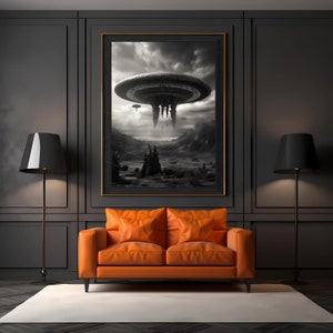 Extraterrestrial Arrival - Monochrome UFO Art, SciFi Art, Poster, Gift Idea, Alien Landscape, Nerd Art, Gift for Him Her, Goth Art, Alien