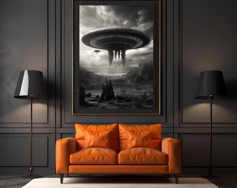 Monochrome UFO Art Print - Extraterrestrial Arrival, Sci-Fi Poster
