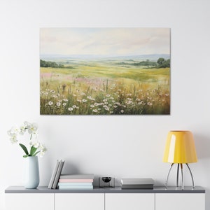 Serene Meadow Wildflowers Landscape Art Canvas - Pastoral Scene Wall Decor, Canvas Art, Wall Art, Gift for Her, Vintage Art