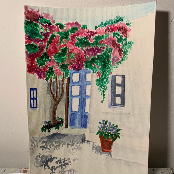 Watercolor Painting of a Mediterranean House with a Cherry Blossom Tree