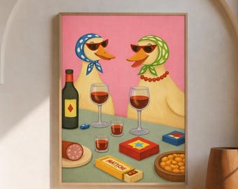 Sassy Duck Wine Party kunstprint, retro dierenposter (digitale download)