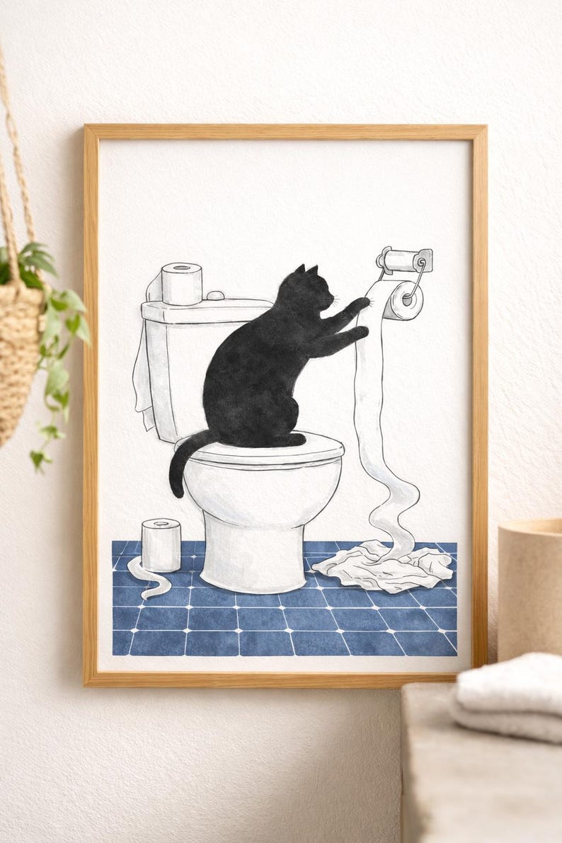 Funny Black Cat Toilet Paper Bathroom Print, Humorous Wall Art (digital ...