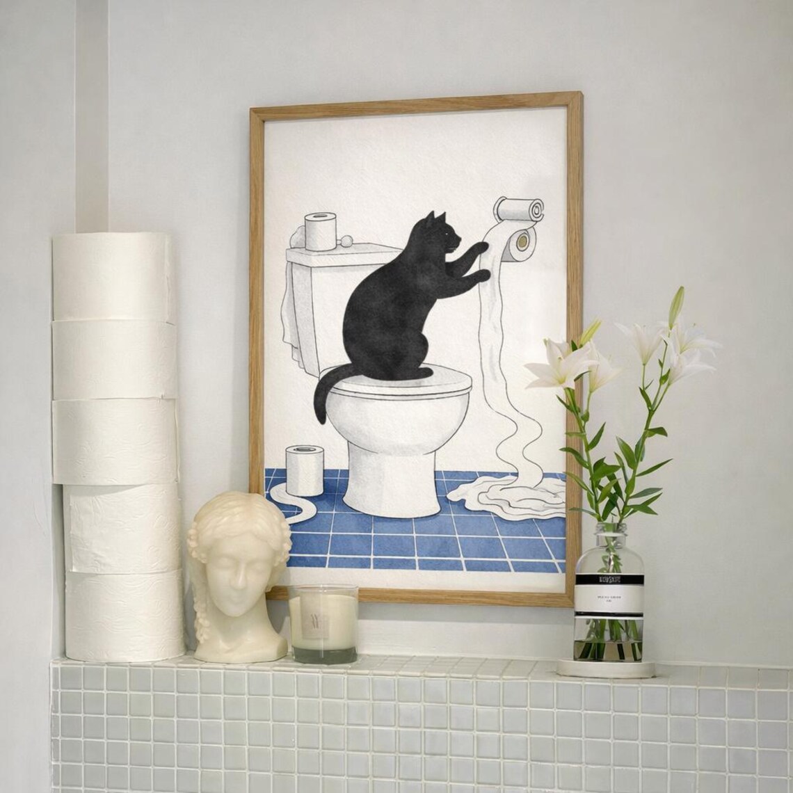 Funny Black Cat Toilet Paper Bathroom Print, Humorous Wall Art (digital ...
