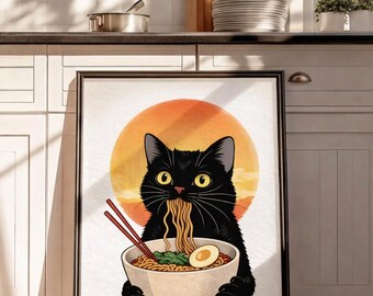 Kuro Neko Cat Ramen Print, Japandi Wall Art (Digital Download)