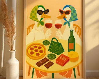 Galentine Duck Wine Party Art Print, Quirky Kitchen Decor Poster (Digital Download)