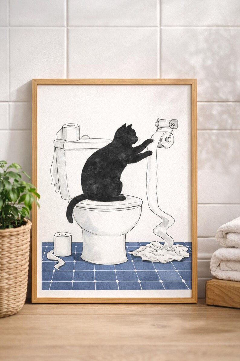 Funny Black Cat Toilet Paper Bathroom Print, Humorous Wall Art (digital ...