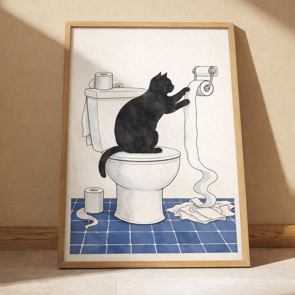 Funny Black Cat Toilet Paper Bathroom Print, Humorous Wall Art (digital ...