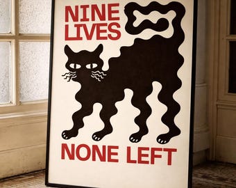 Nine Lives Cat Poster, Retro Graphic Illustration  (Digital Download)