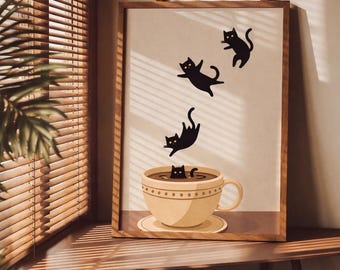 Black Cat Coffee Art Print, Modern Kitchen Decor (Digital Download)