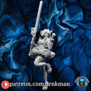 May include: White 3D printed miniature of a female figure with horns, wearing a skirt and holding a sword. The figure is posed in a dynamic action pose. The background is a blue and white marbled pattern.