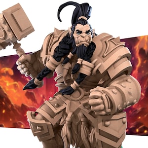 May include: A detailed figurine of an Orc warrior, painted in a brown and black color scheme. The Orc is wearing armor and holding a large hammer. The figurine is set against a fiery background.