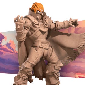 May include: A tan-colored figurine of a character in a dynamic pose, wearing armor with spiked accents, a cape, and orange hair. The figure has a stern expression and is set against a backdrop of a painted sky.