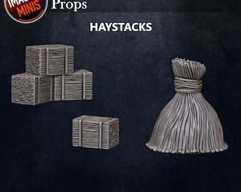 May include: Haystacks for tabletop gaming, 32mm scale.  The set includes three rectangular hay bales and one round hay bale.