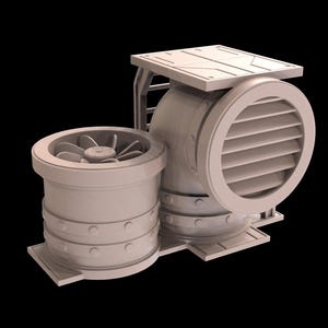 May include: A light beige industrial ventilation system with a fan, a round vent with slats, and a square top. The system has a cylindrical base with rivets and a ladder-like structure.