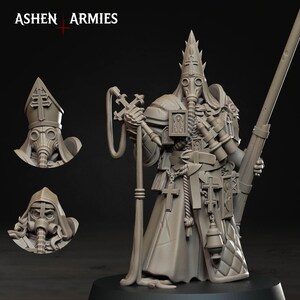 May include: A detailed, gray 3D-printed miniature figure of a character in a long robe, gas mask, and a tall, pointed hat. The figure holds a staff and a rifle. The text "ASHEN ARMIES" is at the top.