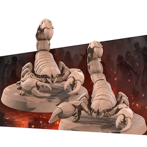 May include: Two beige scorpion figurines with detailed claws and segmented bodies. The scorpions are posed on round, light-coloured bases. The background features a blurred, dark scene with silhouetted figures and a fiery glow, suggesting a fantasy or gaming theme.