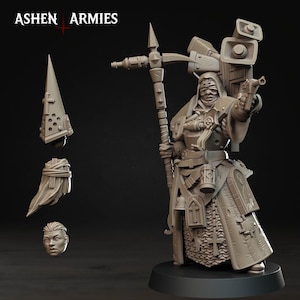May include: A detailed, gray miniature figure of a warrior from "Ashen Armies." The figure is clad in armor and a hooded cloak, holding a weapon and a pistol. Additional components, including a head and helmet, are displayed separately. The text "ASHEN ARMIES" is visible.