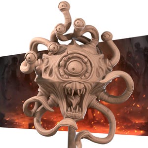May include: A beige sculpture of a monster with multiple eyes and tentacles. The creature has a large central eye, a gaping mouth with sharp teeth, and several smaller eyes around its head. The sculpture is mounted on a beige pole.