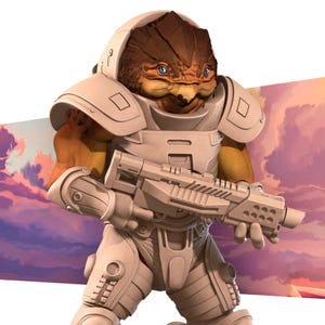 May include: A detailed illustration of a humanoid alien character in a futuristic armored suit, holding a blaster rifle. The character has reptilian features, with a brown head and blue eyes. The armor is a light gray color, set against a colorful sky background.