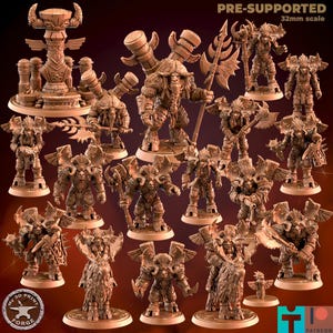 May include: A collection of 3D-printed fantasy miniatures in various poses, including warriors with axes and hammers, and a totem. The figures are in a brown color and are on circular bases. The text "PRE-SUPPORTED 32mm scale" is visible.