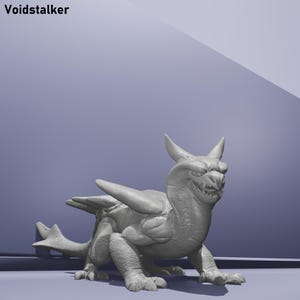 May include: A gray, three-dimensional sculpture of a dragon-like creature with wings, horns, and a tail. The sculpture has a menacing expression and is labeled "Voidstalker" in the upper left corner.