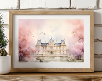 PRINTABLE Art Digital Print Chateau Painting Versailles Art Wall Print Home Decor Chateau Decor Watercolor Paintings Digital Download