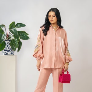 Bouquet Co-ord set for Ladies, Women's Embroidered Co-ord Set, Ladies top bottom set, Semi-formal co-ord set, Floral design co-ord set