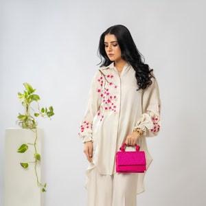 Ivory co-ord set for Ladies, Women's Embroidered Co-ord Set, Ladies top bottom set, Formal co-ord set, Premium Cotton Silk Co-ord set