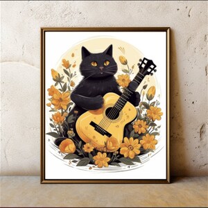 Könnte beinhalten: Eine schwarze Katze spielt eine gelbe Akustikgitarre, umgeben von gelben Blumen in einem runden Rahmen.