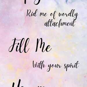 May include: Vertical art print with a watercolor background in shades of blue, pink, and yellow. The print features the words "Lord, Empty Me, Fill Me, Use Me, Amen" in elegant script, with floral line art accents.