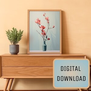 Arte floral minimalista imprimible, decoración floral de la pared, estampado botánico, cartel floral, jarrón y flor