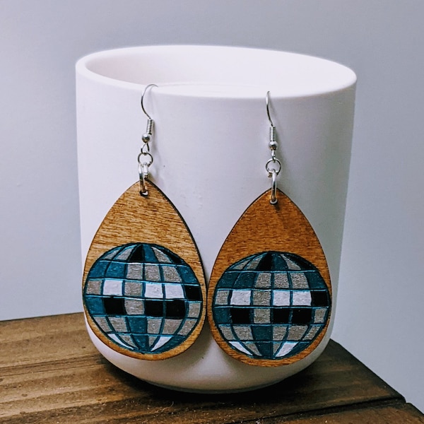 Disco Wooden Widespread Panic Earrings Woodburned WSP Jewelry Dangle Earrings Double-sided