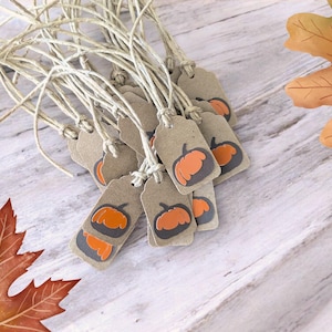 Puede incluir: Un conjunto de etiquetas de papel marrón con ilustraciones de calabazas naranjas y grises, atadas con hilo. Las etiquetas están dispuestas sobre una superficie de vetas de madera clara, con recortes de hojas de otoño. Ideal para manualidades y regalos de otoño.