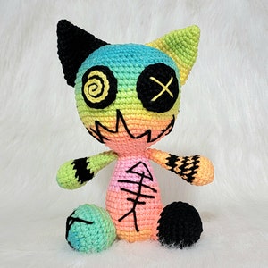 Pastel Zombie Cat, Creepy Cute Amigurumi, Unique Crochet Stuffie ,Zombie Cat Medium, Cat Plush, Made to Order, Retro Plushie, Cuddle Kitty