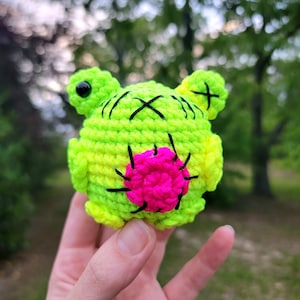 Può includere: Una rana di uncinetto verde con accenti rosa e neri. La rana ha un cuore cucito e occhi a forma di X.