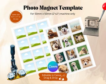 Può includere: Un modello stampabile per realizzare magneti fotografici. Il modello presenta 12 quadrati con un semplice design paesaggistico. Il modello è progettato per essere utilizzato con una macchina per magneti fotografici da 50 mm per 50 mm. Il testo "Editable in Canva Drag & Drop" è incluso nel modello.