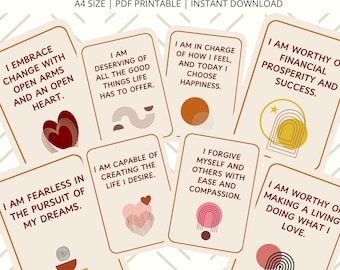 May include: Set of 32 printable affirmation cards with abstract geometric designs in shades of red, orange, yellow, and brown. The cards feature positive affirmations such as "I am deserving of all the good things life has to offer" and "I am worthy of financial prosperity and success."
