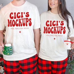 Christmas Bella Canvas 3001 Natural Shirt Mockup, Couples BC3001 Mockup, Christmas T-Shirt Mockup, Couple Model Mockup, Bella Canvas Mockups