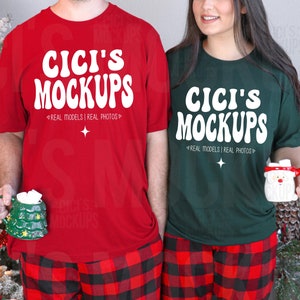 May include: Two people wearing red and green t-shirts with the text "Cici's Mockups" in white. They are both wearing red and black plaid pajama pants.