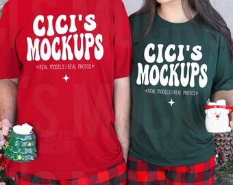 Paare Bella Canvas 3001 Mockup, Paare Weihnachten Mockup, Rot und Wald BC3001 Mockup, Weihnachts T-Shirt Mockup, Paar Model Mockup