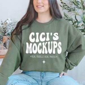 Gildan 18000 Military Green Sweatshirt Mockup, Gildan Military Green Mockup, Real Model Mock, G180 Military Green Crewneck Mockup, Boho Mock