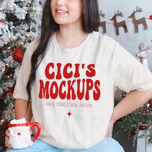 Christmas Bella Canvas 3001 Natural Shirt Mockup, Christmas T-Shirt Mockup, BC3001 Mockups, Bella Canvas Mockups, Christmas Mock Ups