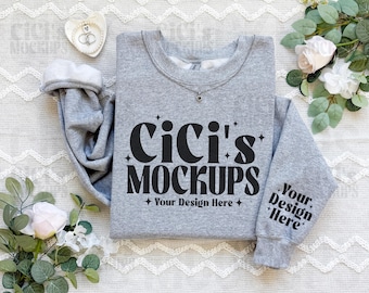 Gildan 18000 Sport Grey Sweatshirt Mockup, Gildan Sleeve Mockup, Flat Lay Mockup, Folded Sweatshirt Mockup, Sport Grey Crewneck Mockup, G180