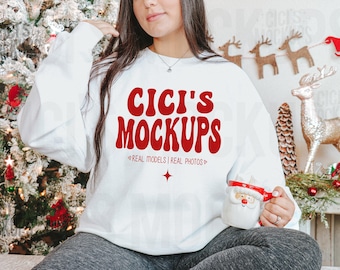 Gildan 18000 White Mockup, Christmas 18000 Mockup, Gildan White Mockup, Christmas Gildan Mockup, Sweater Mockup, Real Model Mockups