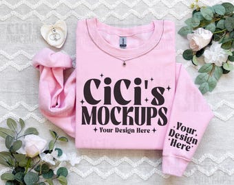 Gildan 18000 Light Pink Sweatshirt Mockup, Gildan Sleeve Mockup, Flat Lay Mockup, Folded Sweatshirt Mockup, Light Pink Crewneck Mockup, G180