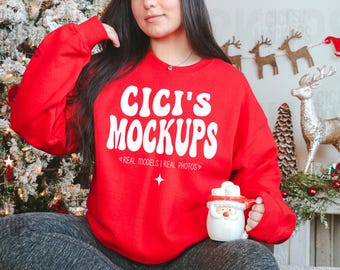 Gildan 18000 Red Sweatshirt Mockup, Christmas 18000 Mockup, Gildan Red Mockup, Christmas Gildan Mockup, Sweater Mockup, Real Model Mockups