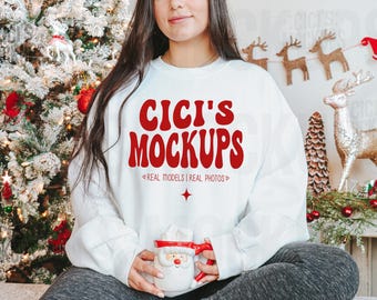 Gildan 18000 White Sweatshirt Mockup, Christmas 18000 Mockup, Gildan White Mockup, Christmas Gildan Mockup, Sweater Mockup, Real Model Mocks